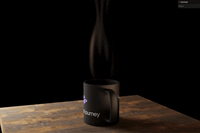 Coffee Smoke — steam rising from a black coffee mug on a wood table via a procedural shader