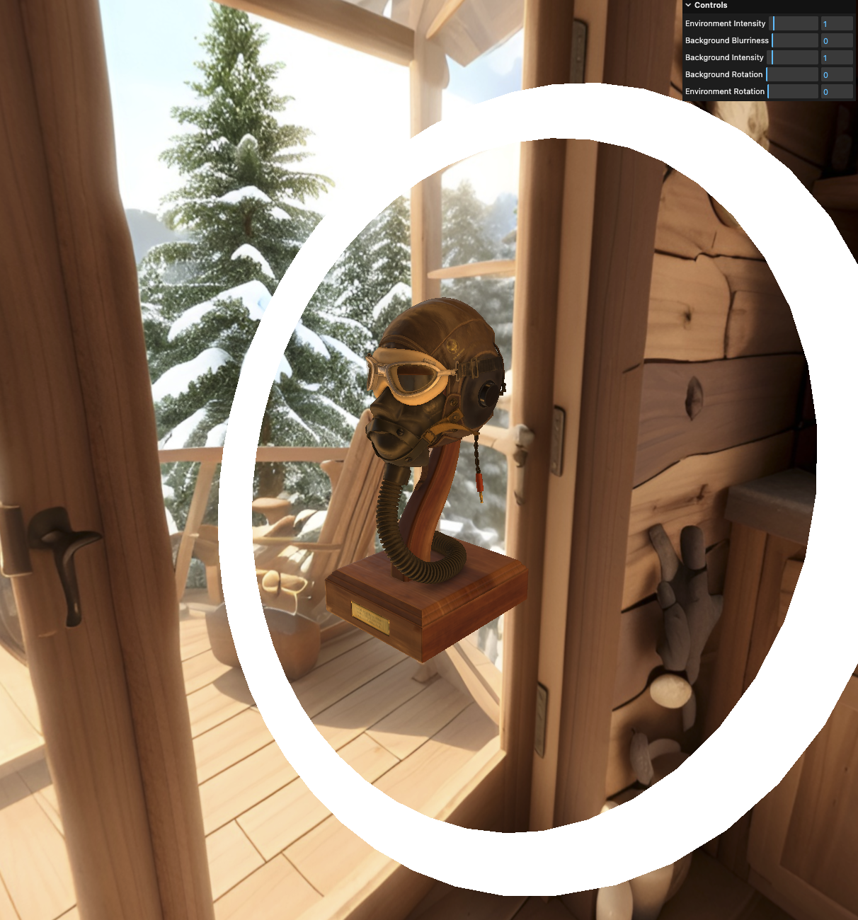 Environment map lab — vintage flight helmet on a wood stand in a snowy cabin, lit by HDR reflections