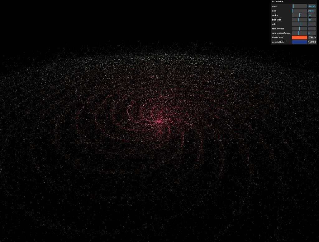 Galaxy Generator — spiral particle galaxy with pink core and green outer arms on black