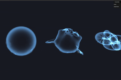 Hologram Shader — cyan holographic sphere, Suzanne, and torus knot with scan lines and rim glow
