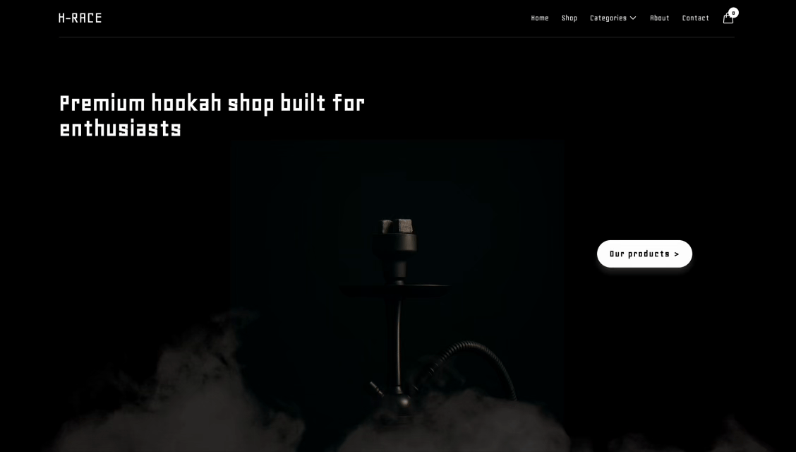 H-RACE homepage showcasing premium hookah product presentation