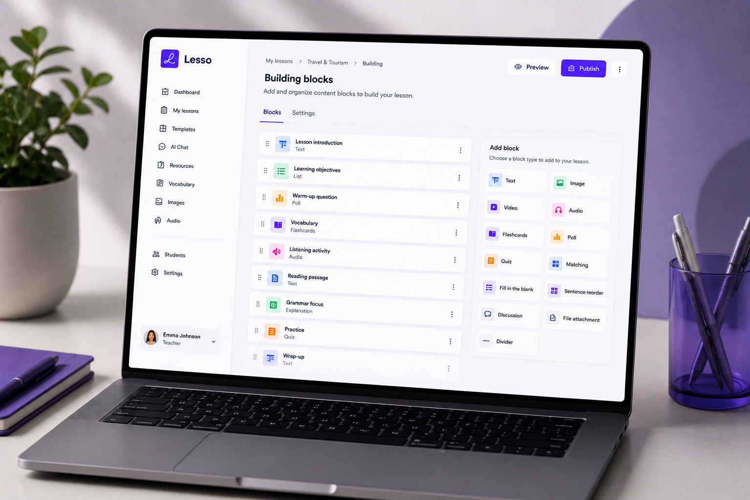 Lesso visual lesson builder — drag-and-drop content and activity blocks